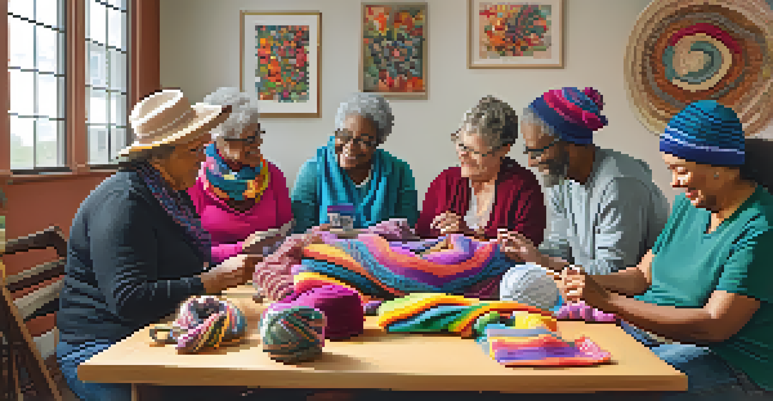 A diverse group of crafters in a community center, engaged in knitting and crocheting for charity with handmade items on the table.