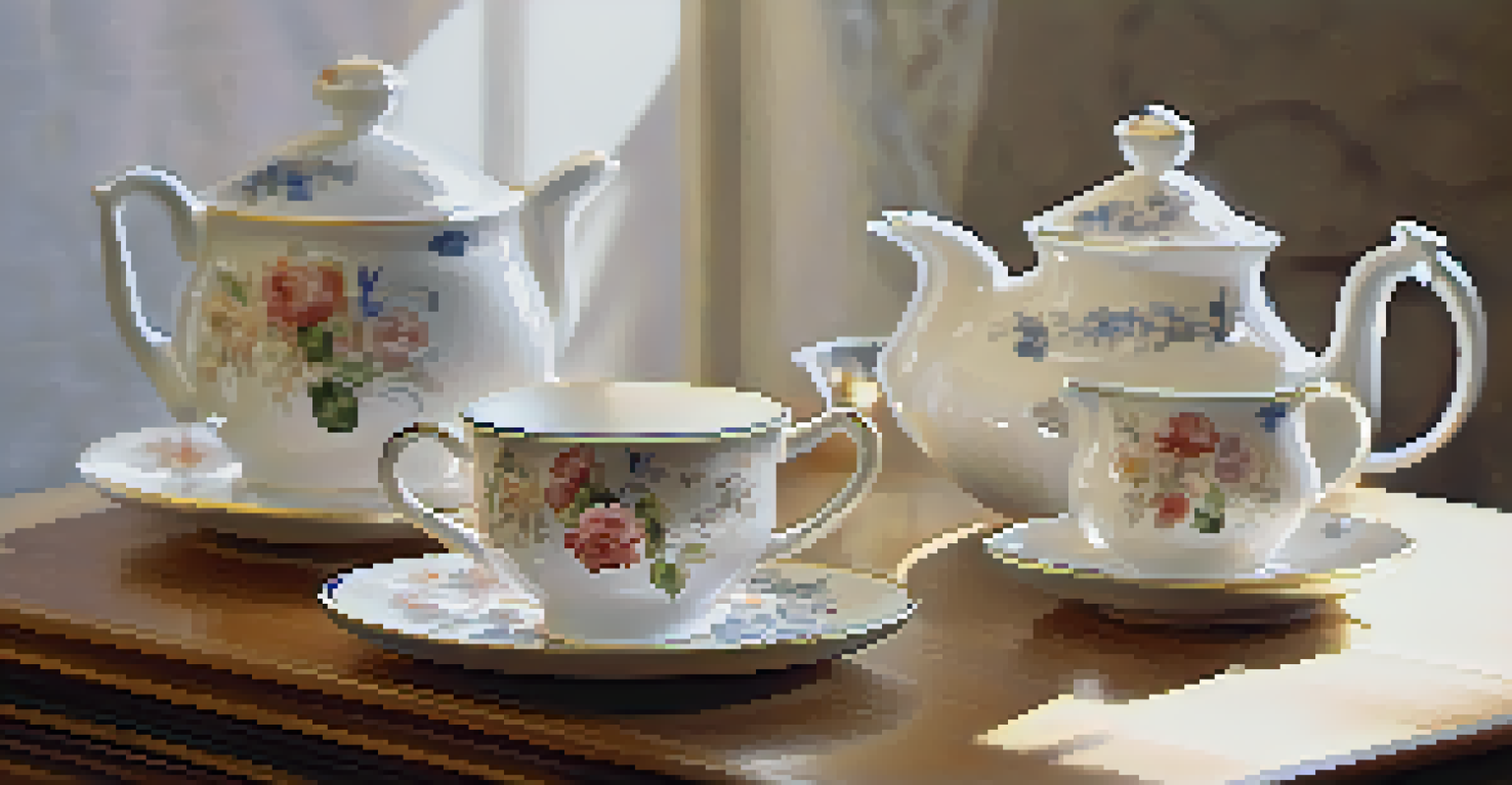 A porcelain tea set with delicate floral designs, elegantly arranged on a wooden table, illuminated by soft morning light.