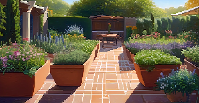 A colorful herb garden featuring various herbs in geometric layouts, with sunlight filtering through trees.