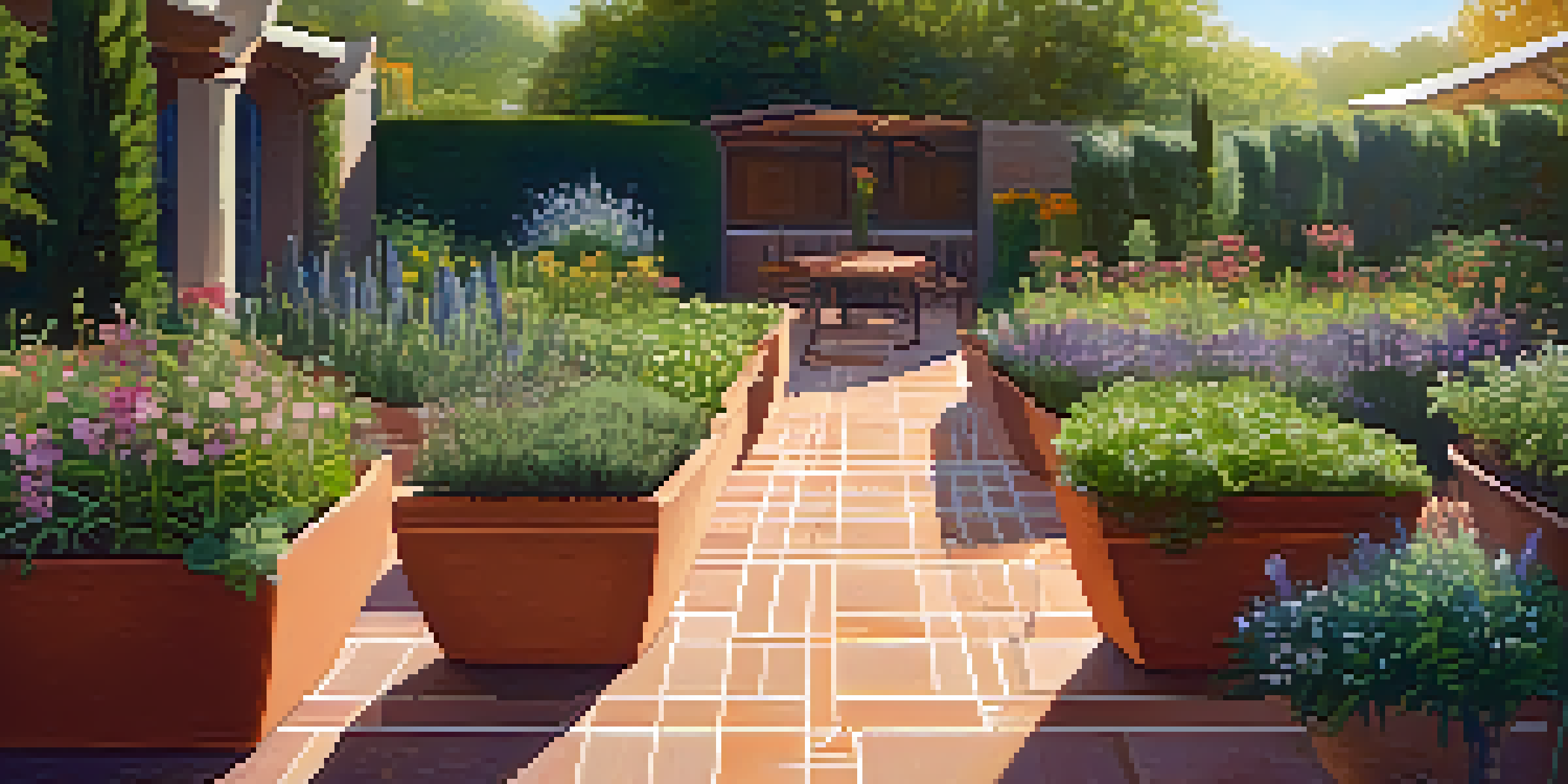 A colorful herb garden featuring various herbs in geometric layouts, with sunlight filtering through trees.