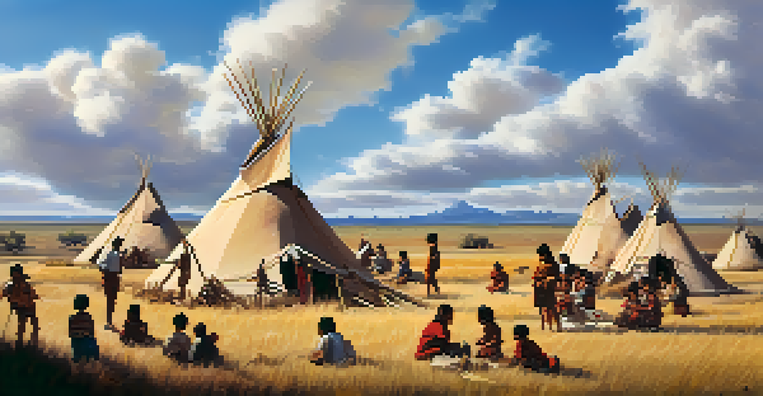 An indigenous encampment with traditional tipis and community activities on the plains.