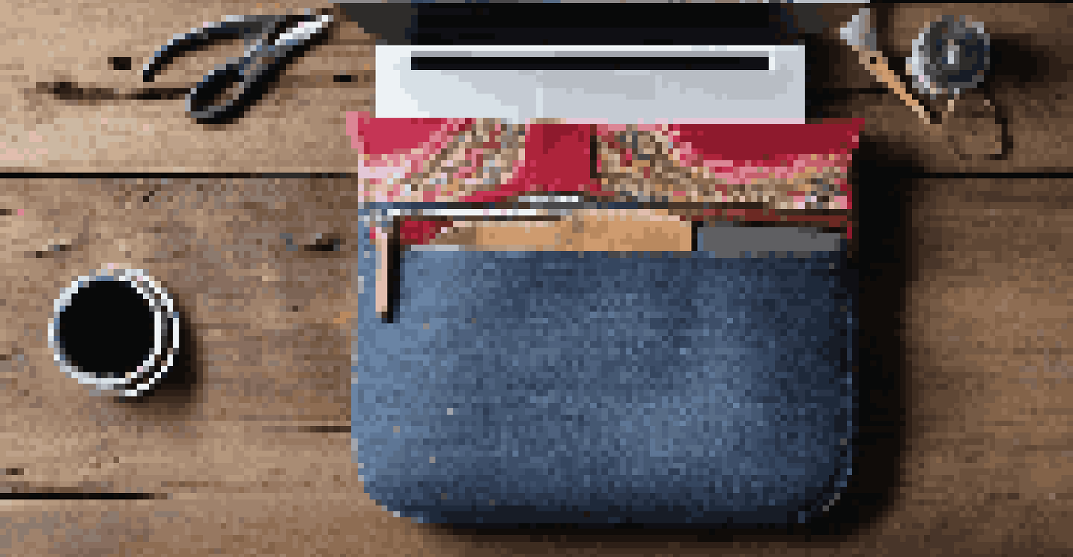 A custom laptop sleeve made from denim and patterned fabric, surrounded by sewing tools in a warm-lit setting.