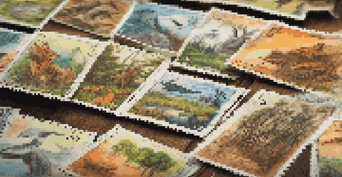 A close-up view of a colorful collection of stamps showcasing endangered species and landscapes on a wooden table, illuminated by soft natural light.
