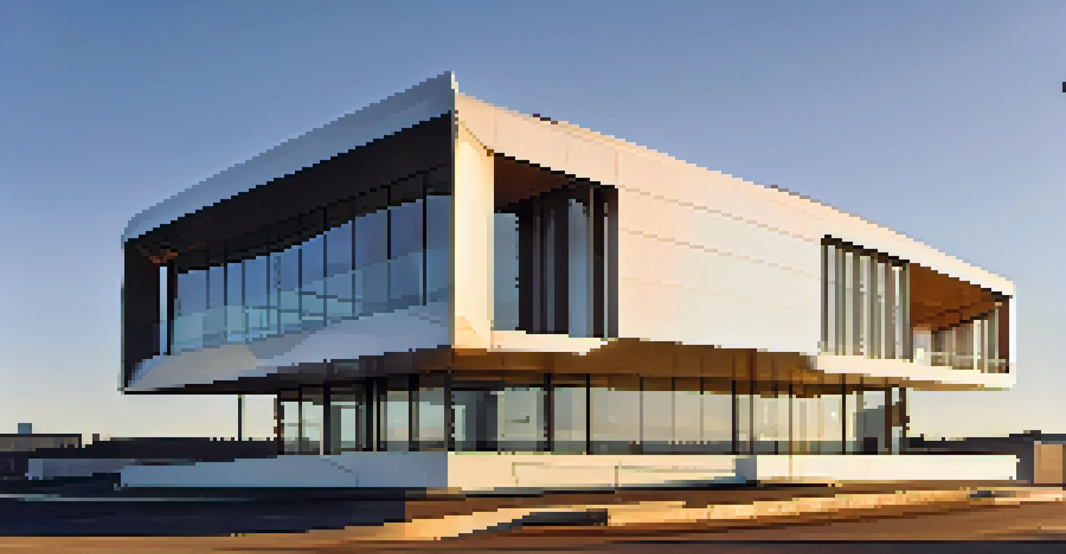 A black and white image of a modern building featuring bold lines and geometric shapes, captured during golden hour with dramatic contrasts.