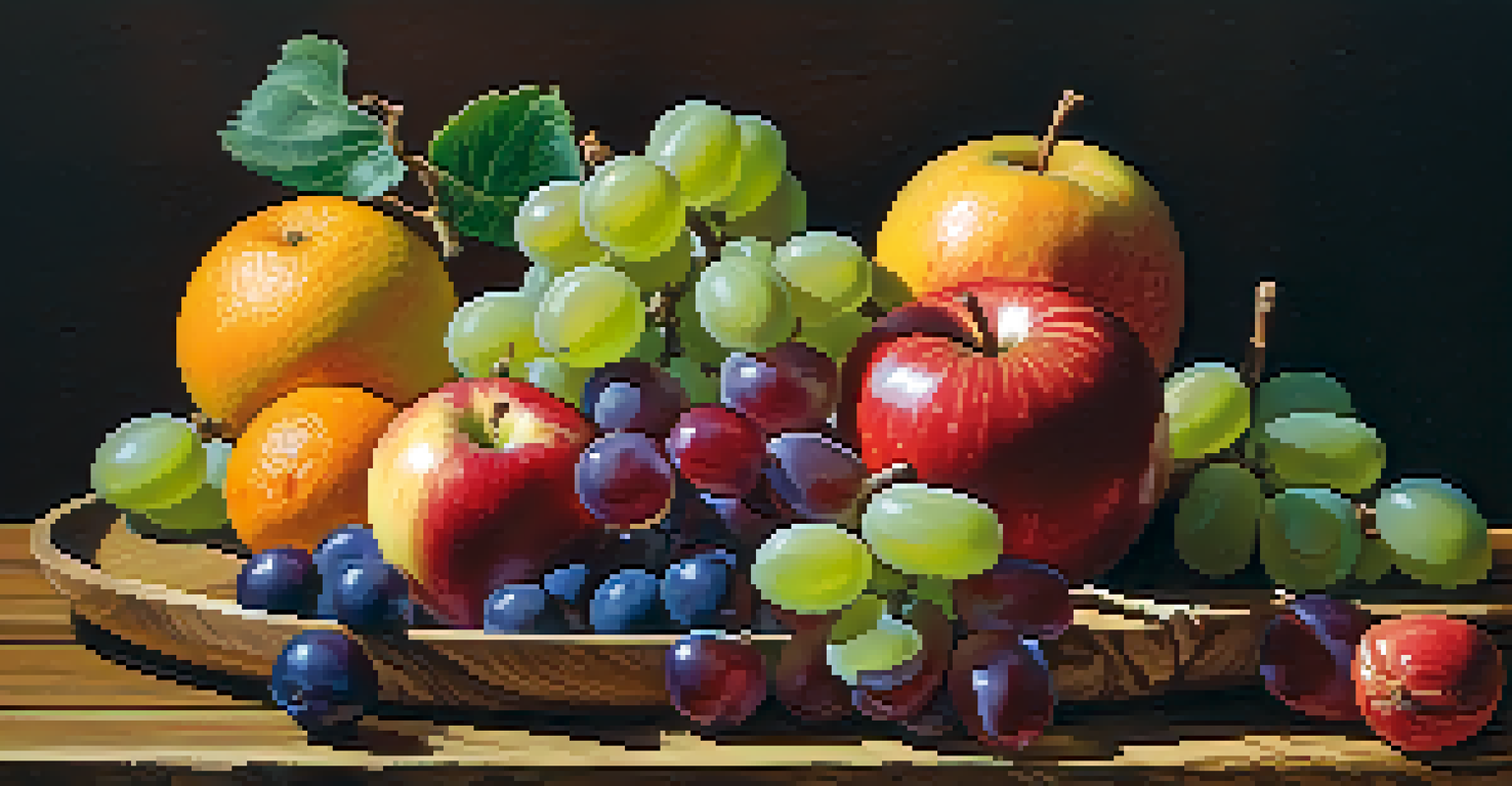 A still life of assorted fruits on a wooden table with natural light highlighting their textures.