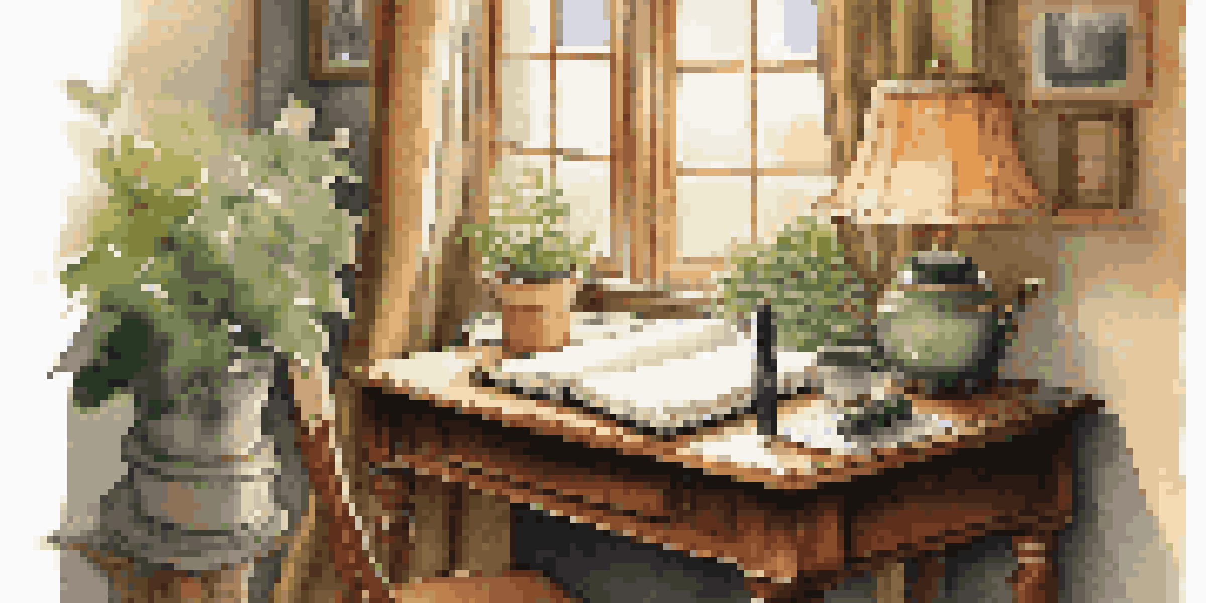 A cozy writing nook with a wooden desk, an open notebook, a fountain pen, and a cup of tea, illuminated by soft sunlight through a window.