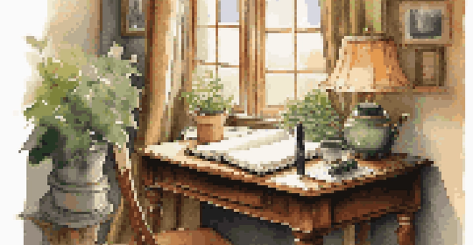 A cozy writing nook with a wooden desk, an open notebook, a fountain pen, and a cup of tea, illuminated by soft sunlight through a window.