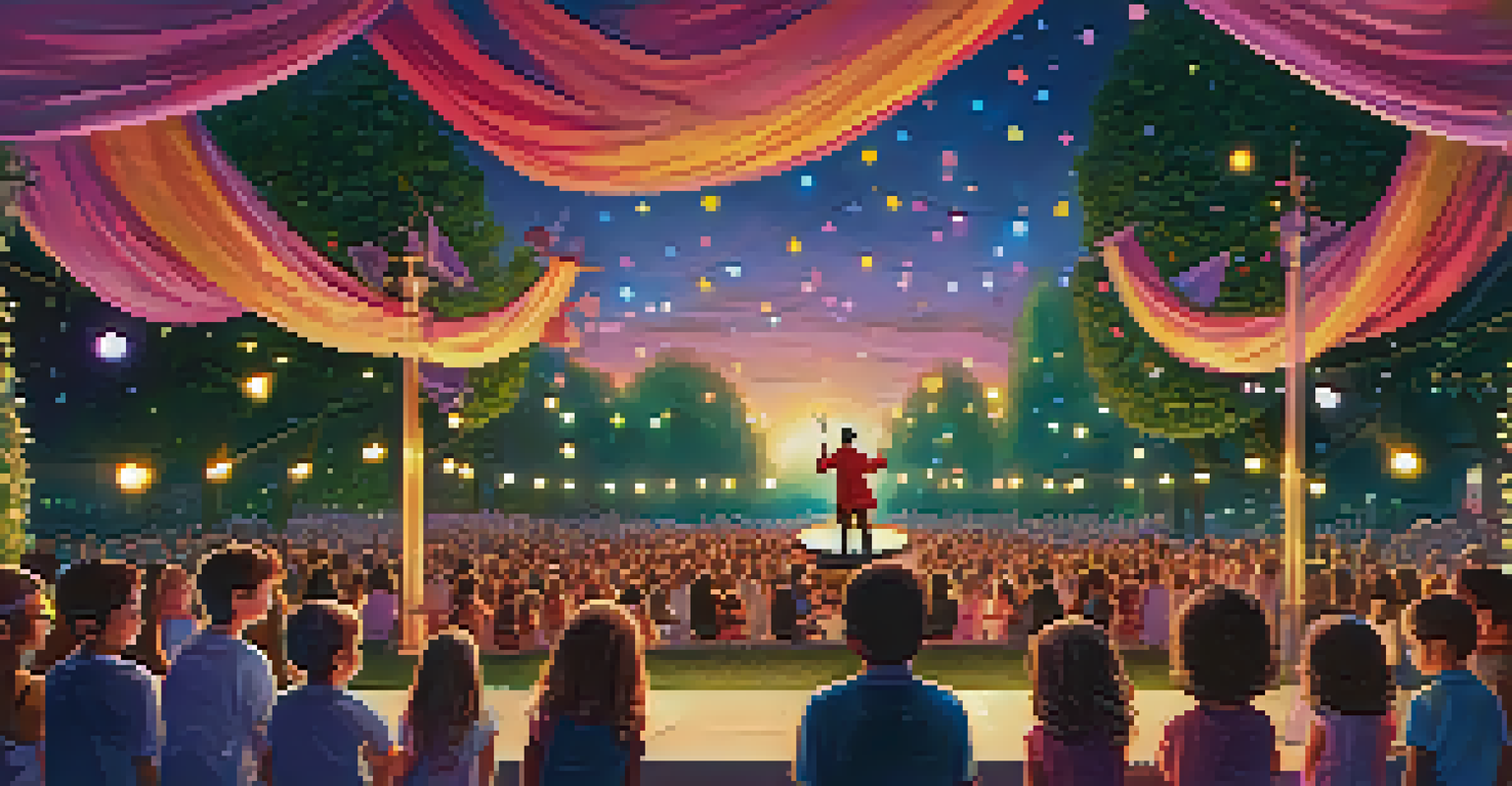 An outdoor magic show at sunset with a magician performing, surrounded by flowers and a captivated audience.