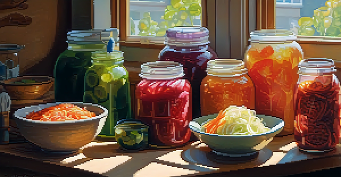 A wooden table in a kitchen filled with colorful jars of fermented foods like kimchi and sauerkraut, with a glass of kombucha, illuminated by soft sunlight.