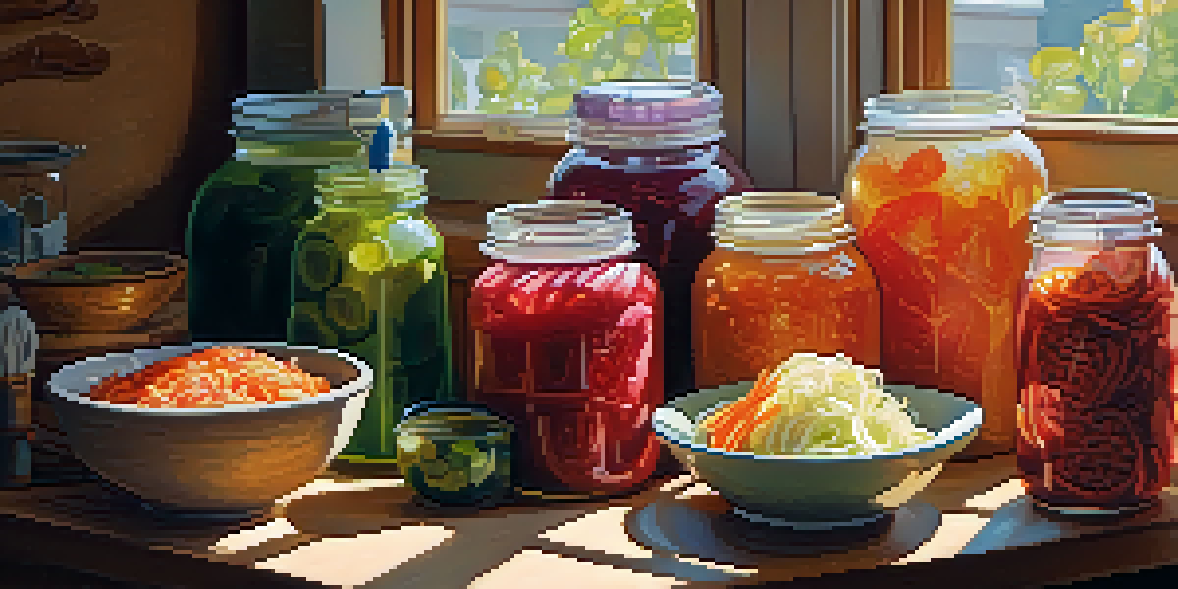 A wooden table in a kitchen filled with colorful jars of fermented foods like kimchi and sauerkraut, with a glass of kombucha, illuminated by soft sunlight.