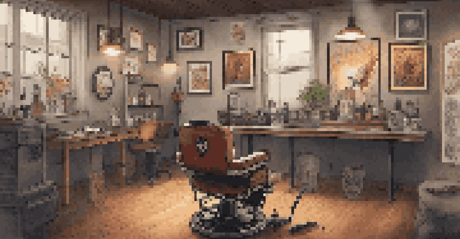 Interior of a tattoo studio with framed art on the walls, a tattoo chair, and an open portfolio displaying tattoo designs.