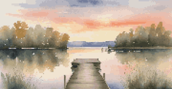 A tranquil lake at sunset, with warm colors in the sky and a wooden dock extending into the water, surrounded by greenery.