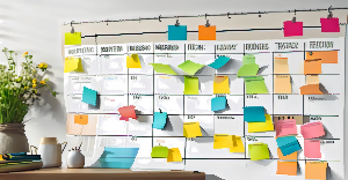 A large wall calendar with colorful sticky notes indicating various home renovation phases, surrounded by tools and paint samples, illuminated by natural light.