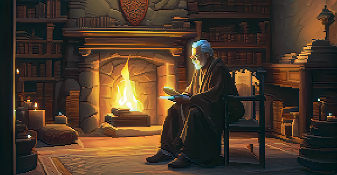 An elderly storyteller in traditional clothing sitting by a fireplace, surrounded by ancient scrolls and books, gesturing as they share a tale.