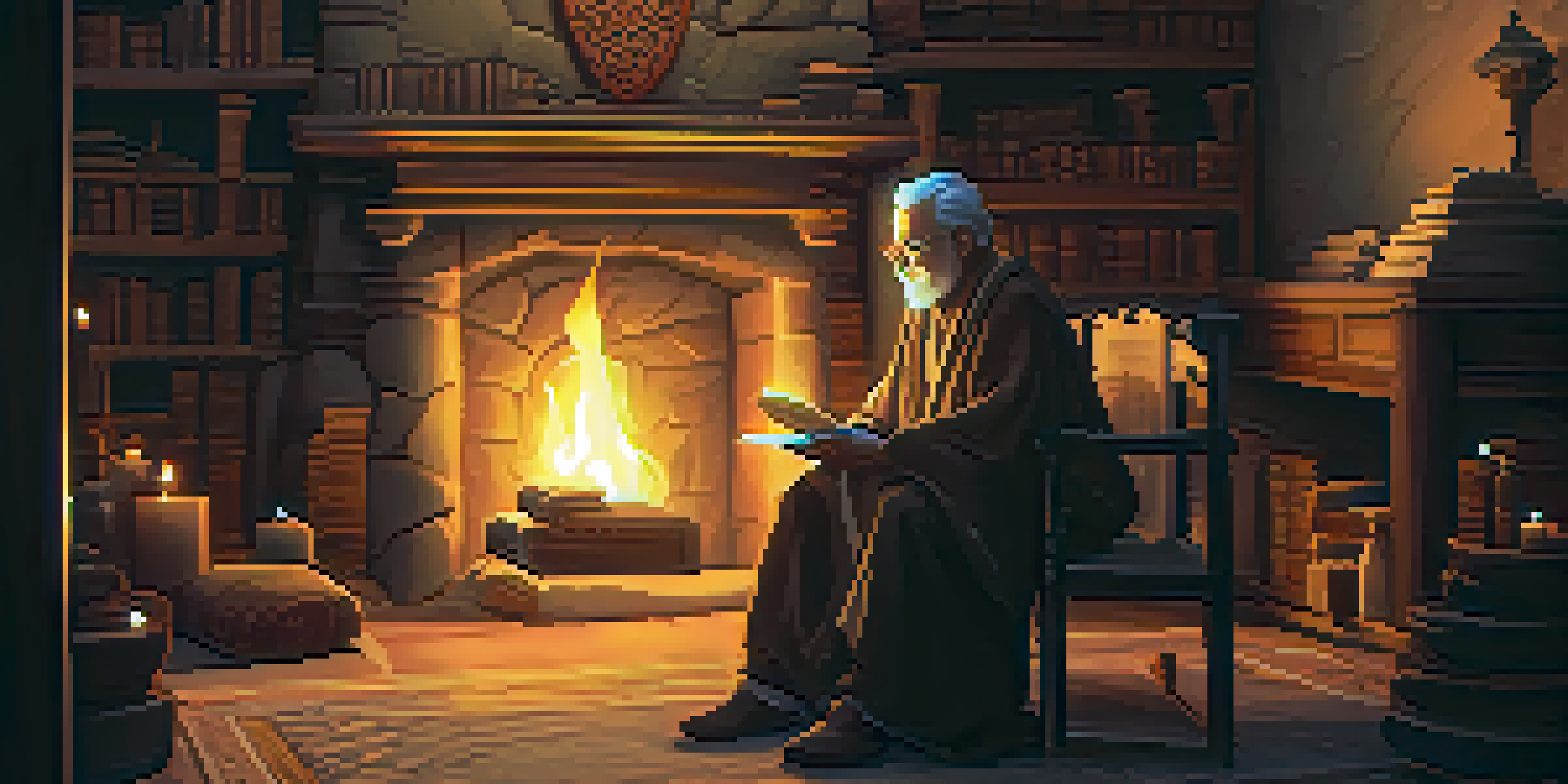 An elderly storyteller in traditional clothing sitting by a fireplace, surrounded by ancient scrolls and books, gesturing as they share a tale.