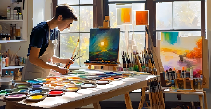 An artist in a workshop painting with acrylics, surrounded by brushes and paints, with sunlight streaming through a window.