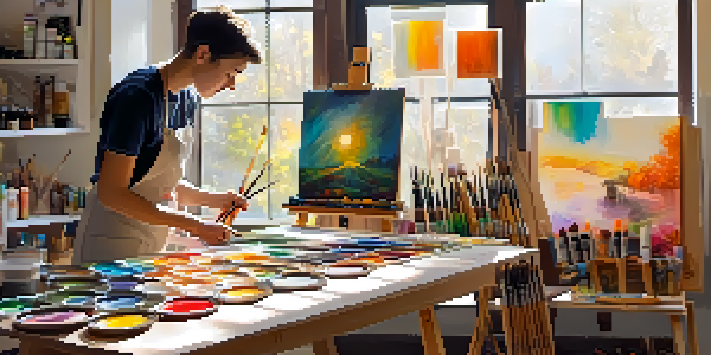 An artist in a workshop painting with acrylics, surrounded by brushes and paints, with sunlight streaming through a window.