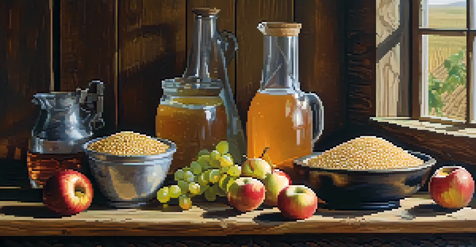 A wooden table with an assortment of grains and fresh fruits, highlighting the ingredients for home distillation.