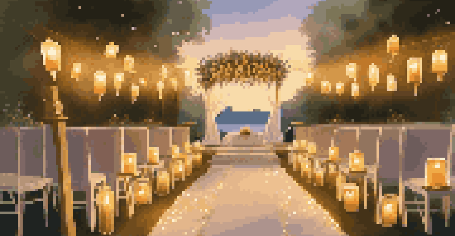 A romantic outdoor wedding ceremony path illuminated by lanterns and candles, leading to an altar.