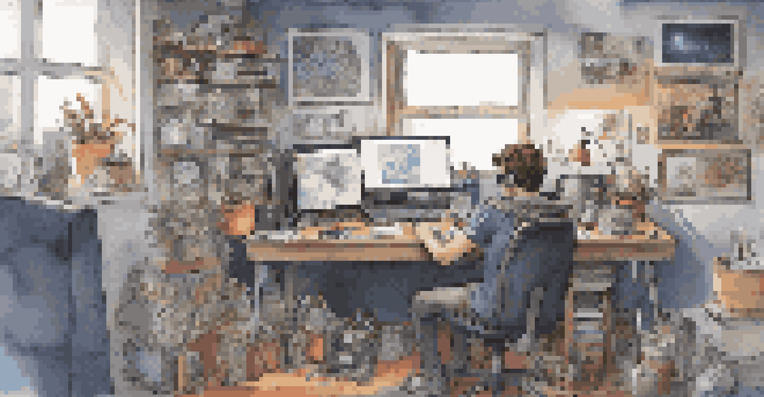 A young game developer at a cluttered desk designing a video game, surrounded by sketches and a mood board filled with colorful concepts.