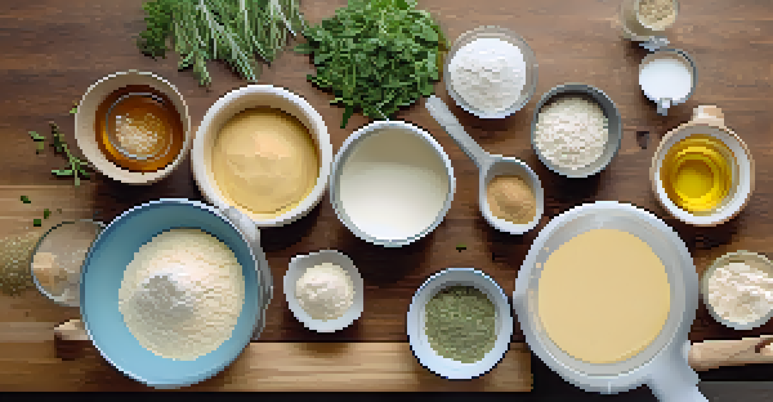An organized baking workspace featuring vegan ingredients like almond flour and coconut oil, with measuring cups and bowls on a clean countertop.