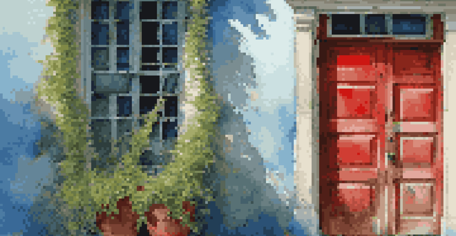 A weathered wooden door against a peeling blue wall, with a vibrant red color and ivy climbing around it.