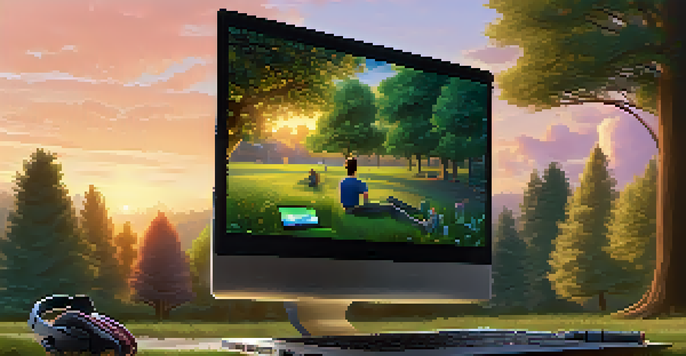 A gamer sitting in a park with a portable gaming laptop during sunset, completely absorbed in a colorful game.