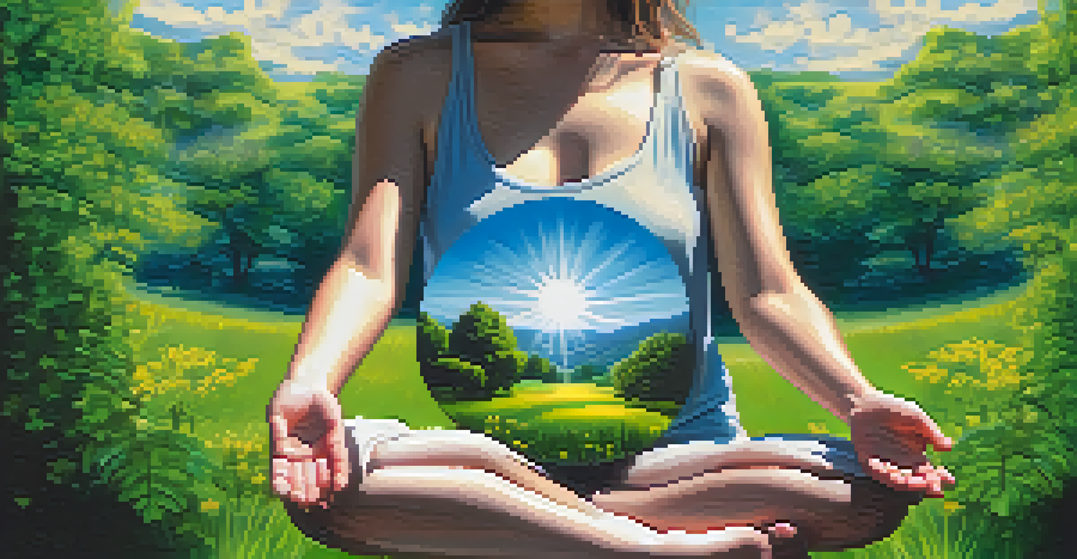 A person meditating outdoors with hands on their heart, surrounded by nature and sunlight.