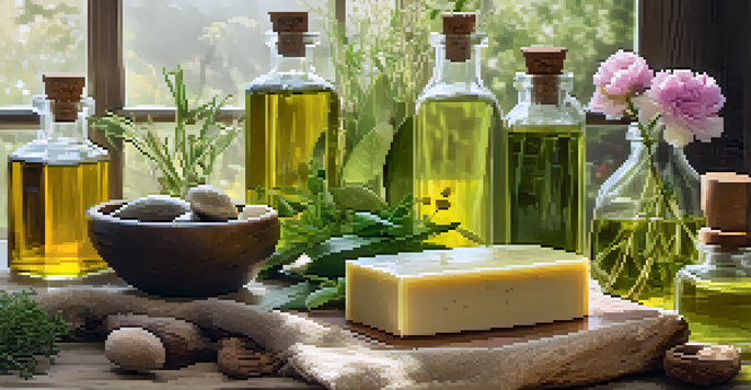 A table displaying various natural soap making oils in glass bottles, surrounded by herbs and flowers, illuminated by soft natural light.