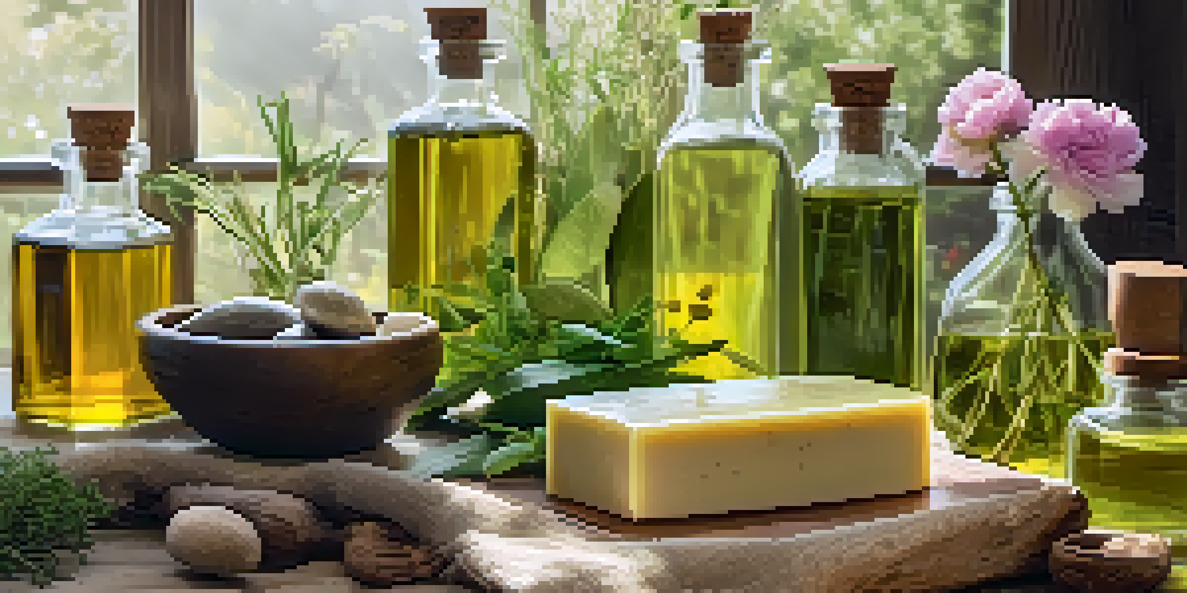 A table displaying various natural soap making oils in glass bottles, surrounded by herbs and flowers, illuminated by soft natural light.