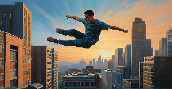 A parkour practitioner leaping between rooftops in an urban setting, with the sun setting in the background.
