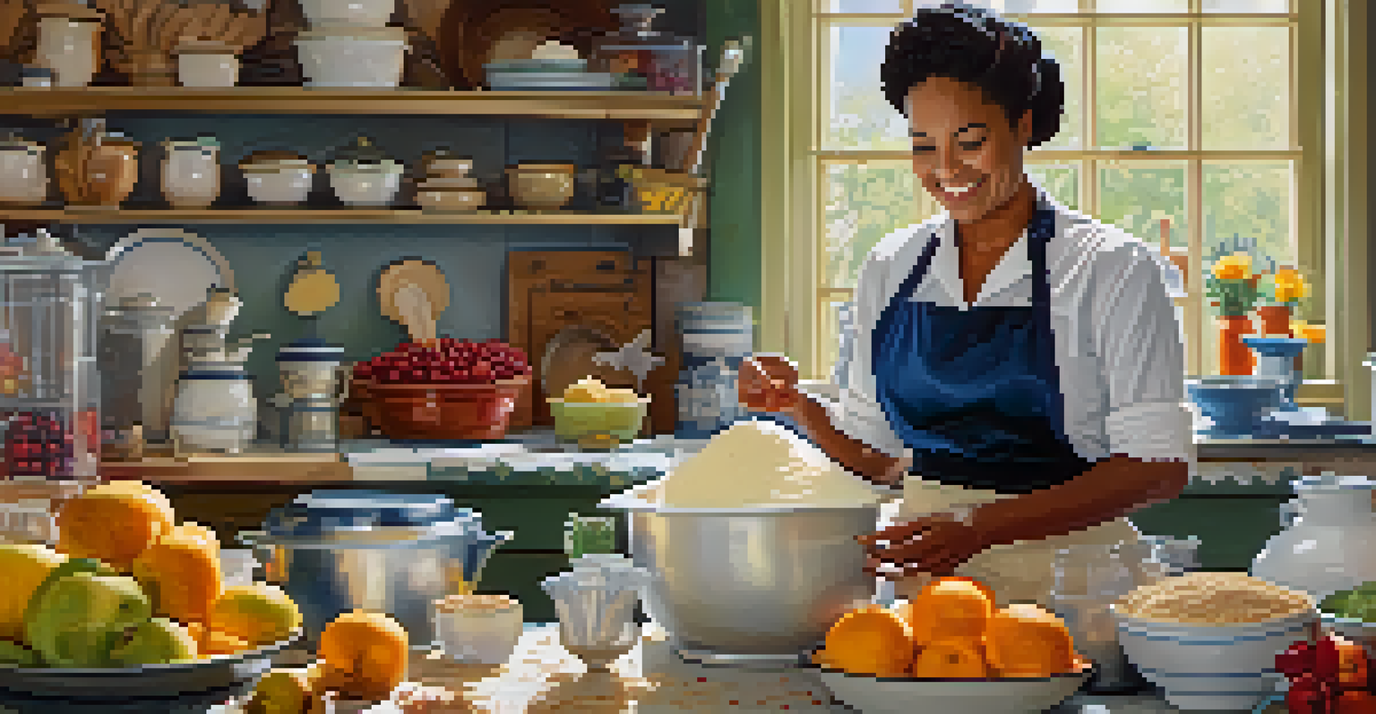 A baker mixing ingredients in a bright kitchen filled with fresh produce and baking tools, creating a joyful atmosphere.