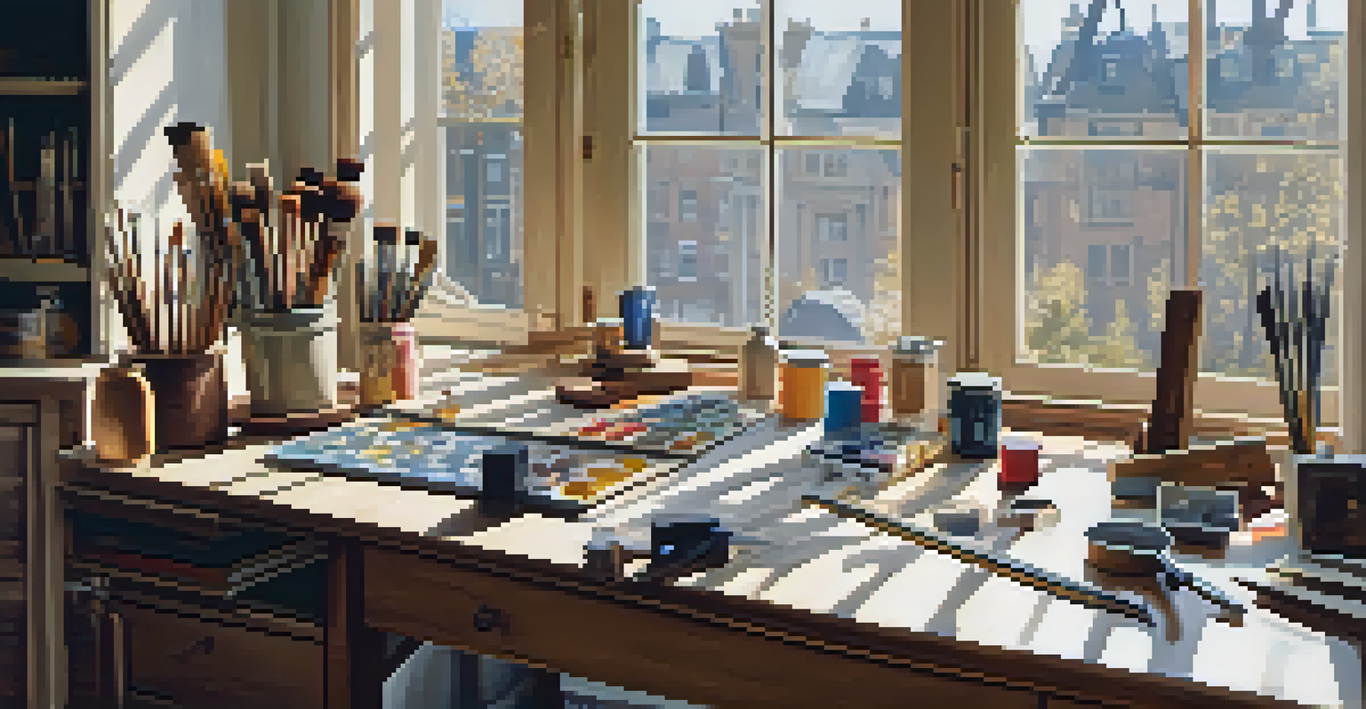An artist's workspace with various scale models, including a dollhouse and an architectural structure, illuminated by natural light.