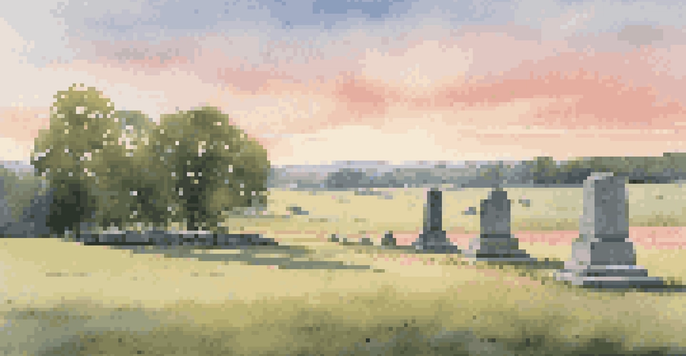 A serene view of the Gettysburg battlefield at dawn, showcasing a monument and lush green fields under a colorful sky.