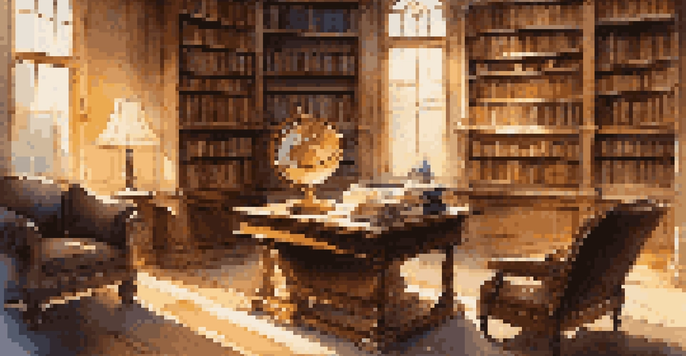 A cozy library with bookshelves, a desk with an open book and quill, and sunlight streaming through the windows.