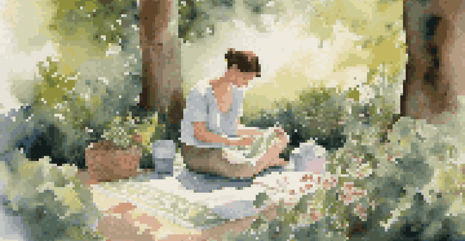 A person sitting on a blanket outdoors, engaged in rug-making amidst soft flowers and greenery, with dappled sunlight creating a peaceful atmosphere.