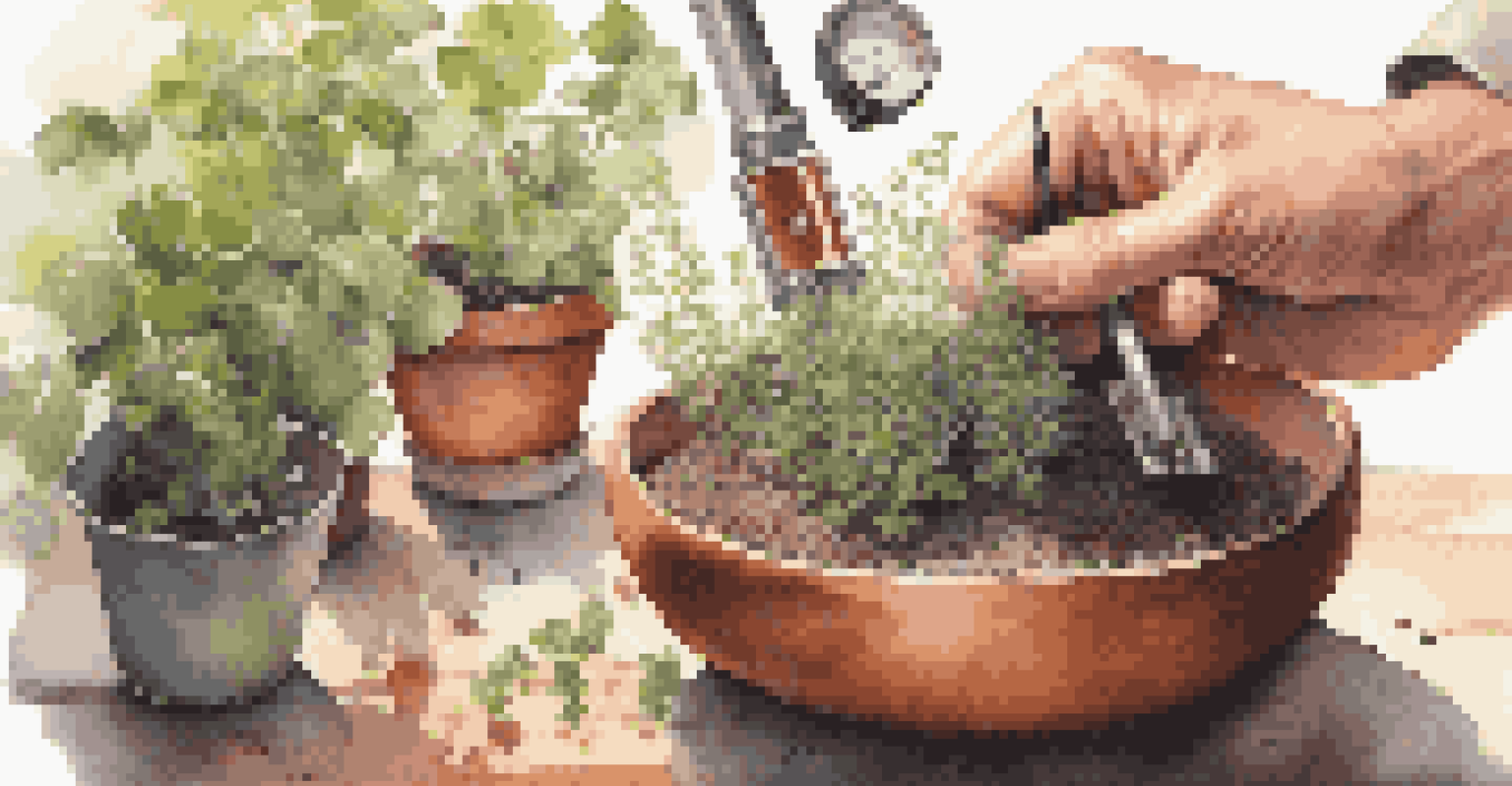 A close-up image of a hand holding a moisture meter above a pot of healthy herbs, with sunlight streaming in.
