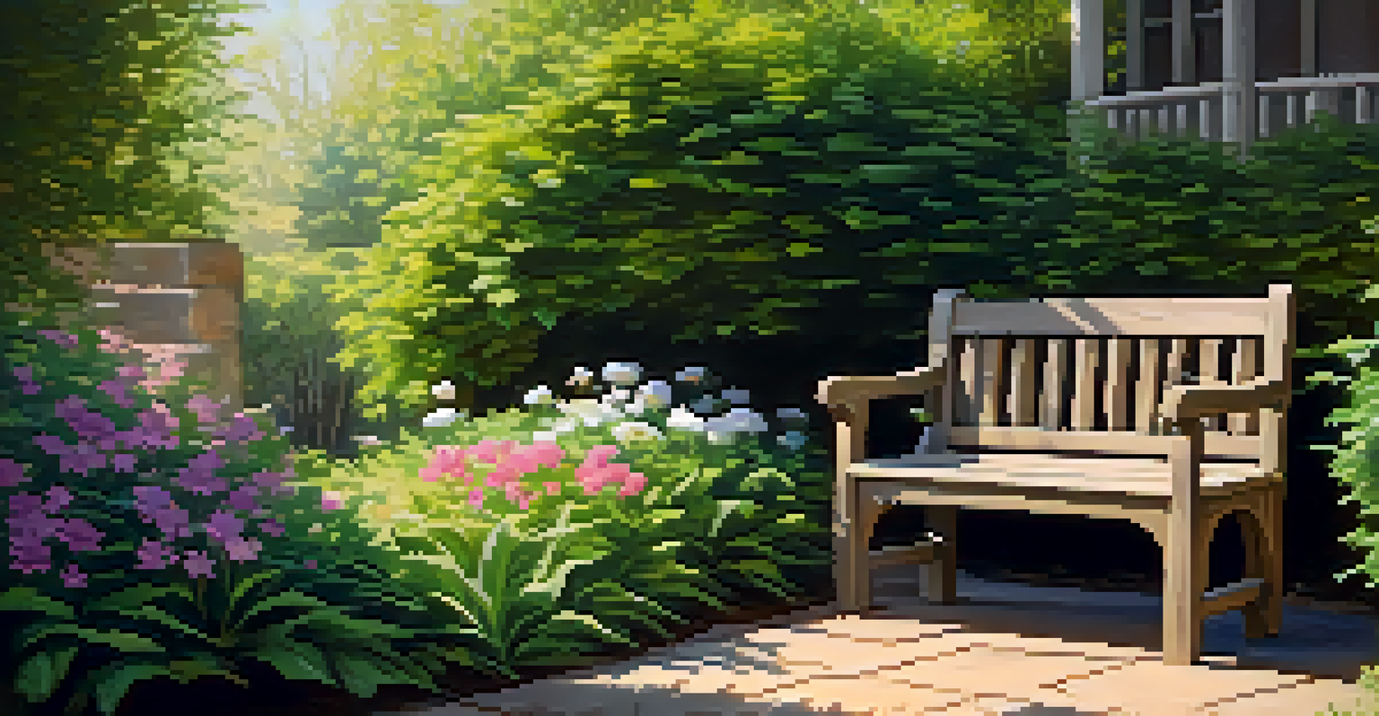 A rustic wooden bench surrounded by blooming flowers and greenery in a serene garden.