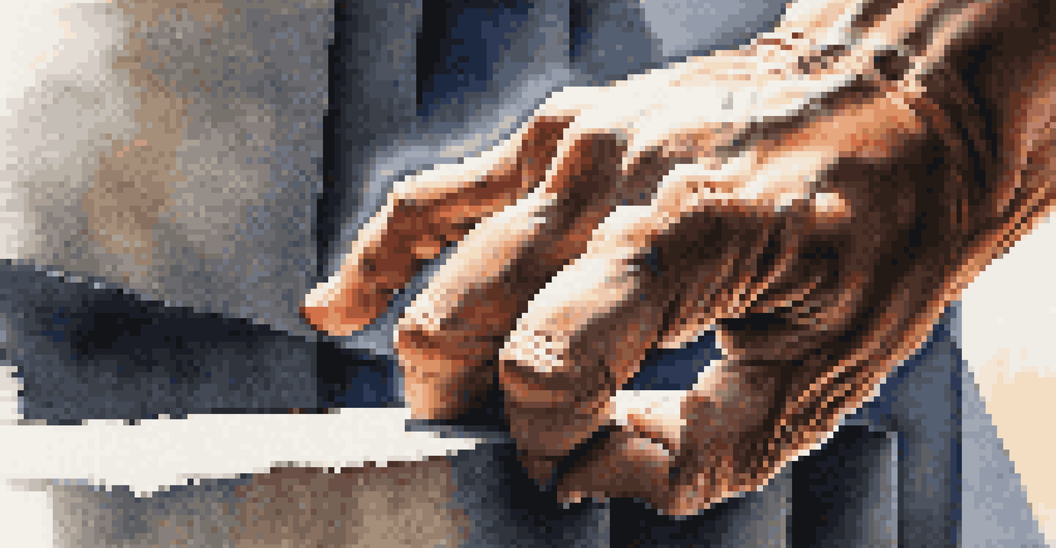 Close-up of a parkour practitioner's chalk-covered hands gripping a ledge, with a blurred urban background highlighting their concentration.