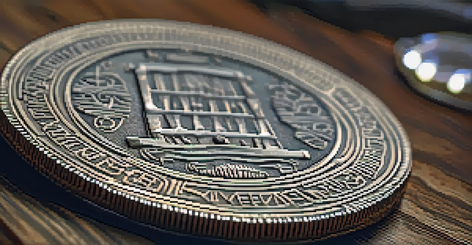 A close-up view of an antique coin on a wooden surface, showing intricate designs and inscriptions.