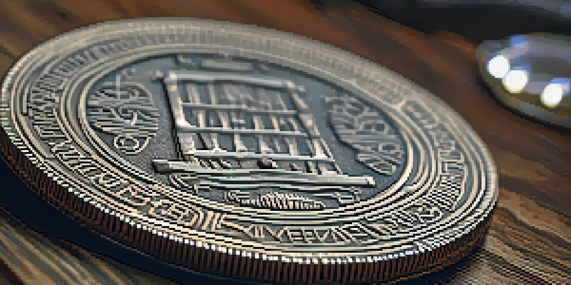 A close-up view of an antique coin on a wooden surface, showing intricate designs and inscriptions.