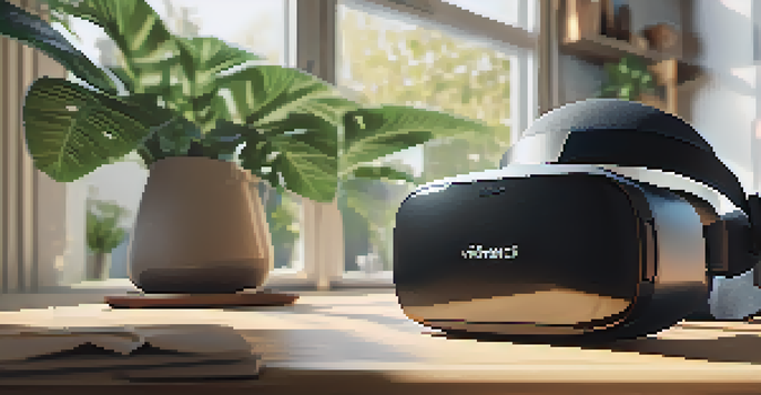 A VR headset on a wooden table, illuminated by soft natural light in a cozy living room.