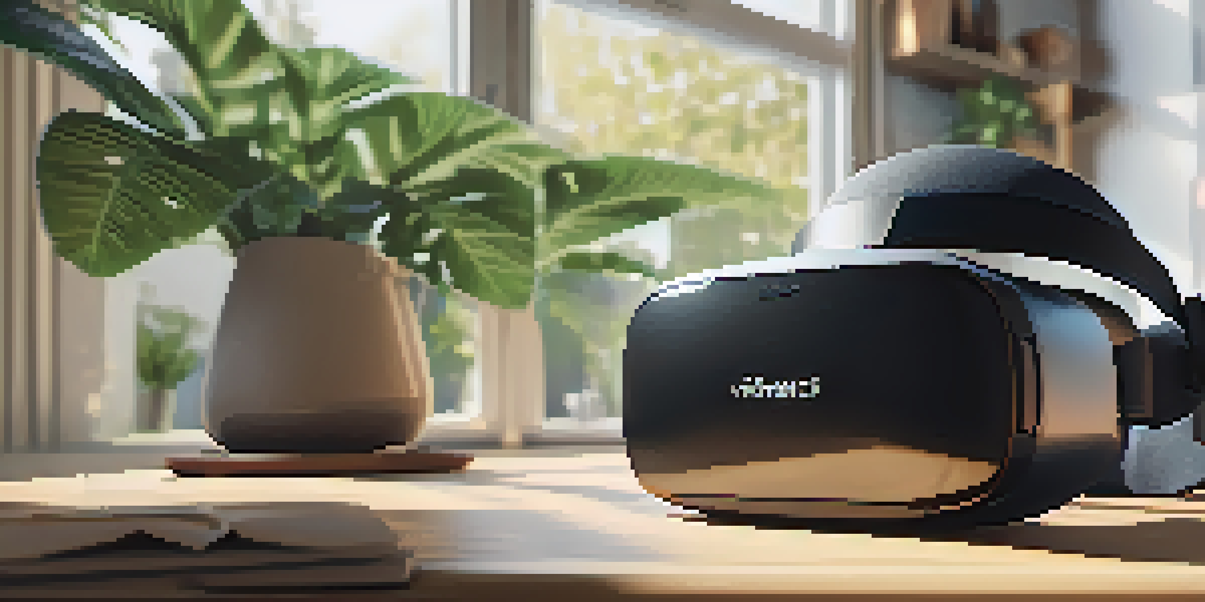 A VR headset on a wooden table, illuminated by soft natural light in a cozy living room.
