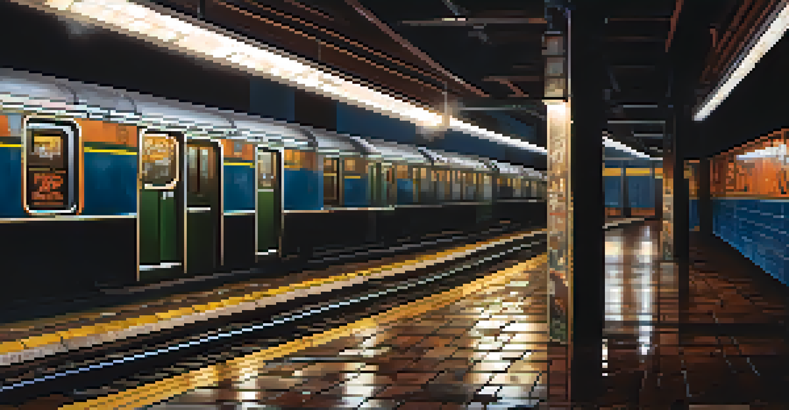 An abandoned subway station with graffiti, cracked tiles, and an old train car in dim light.