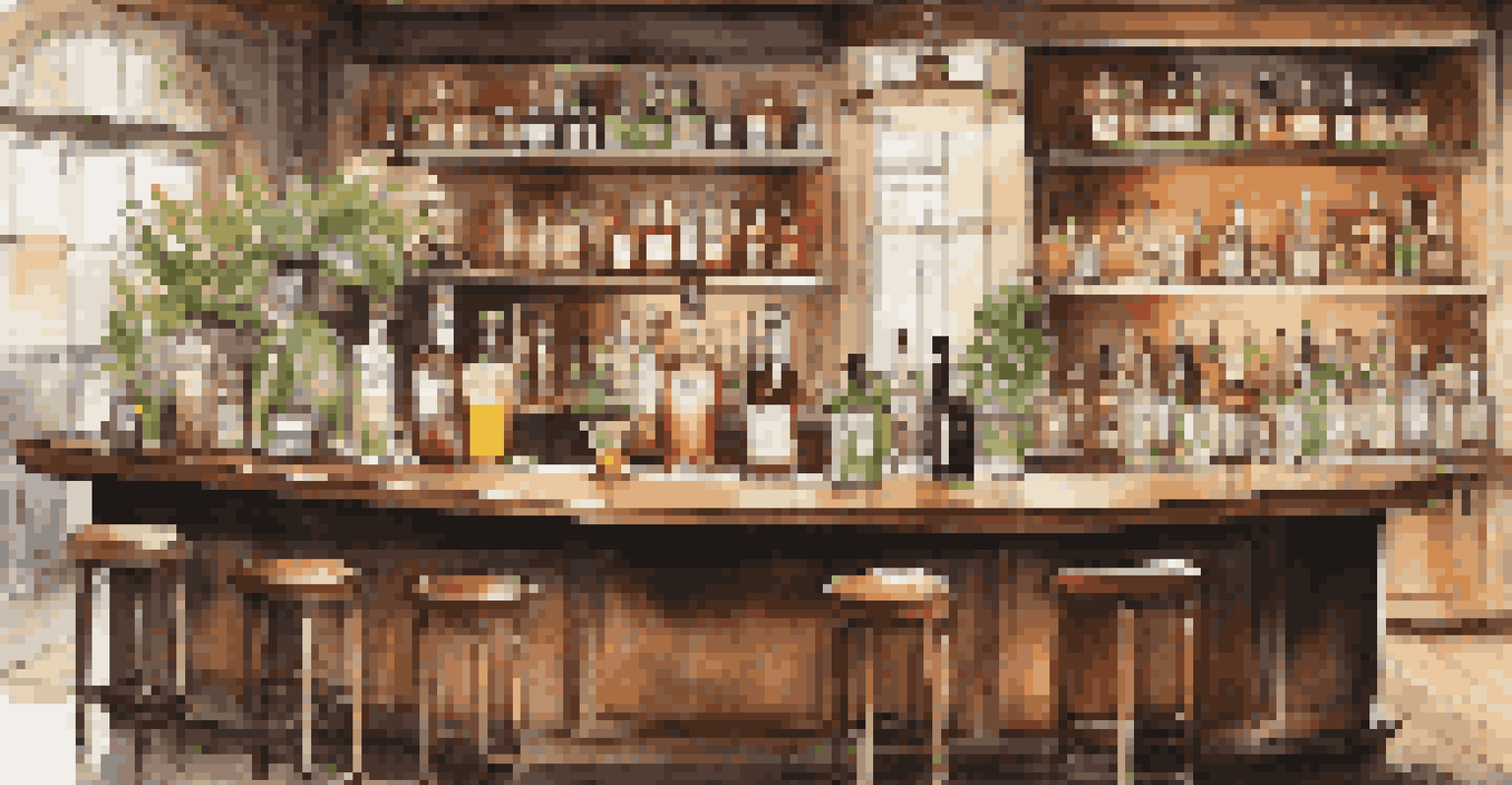 An elegant cocktail bar scene with spirits in bottles, a shaker, and fresh herbs and fruits, set in a warmly lit background.