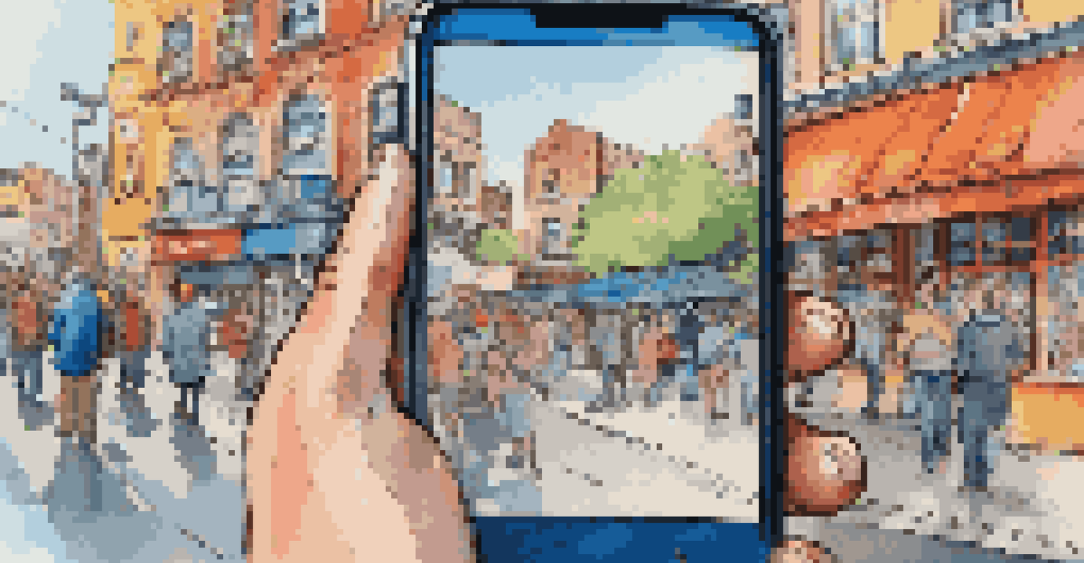 A close-up of a smartphone showing a map app, with a hand navigating through a lively city street with colorful shops and clear blue sky.