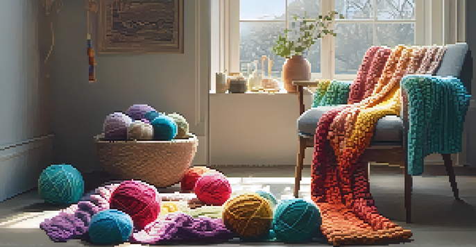 A cozy knitting corner featuring an armchair with a blanket, colorful yarn, and knitting needles, illuminated by sunlight.