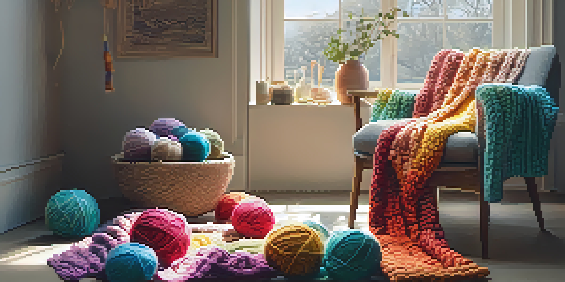 A cozy knitting corner featuring an armchair with a blanket, colorful yarn, and knitting needles, illuminated by sunlight.