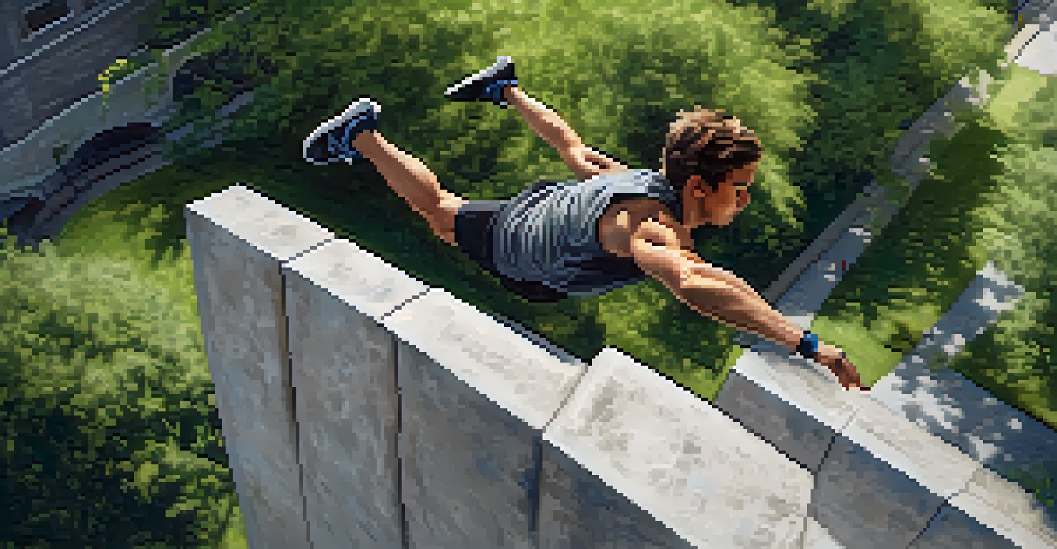 A parkour athlete landing precisely on a concrete surface in a park, surrounded by greenery.