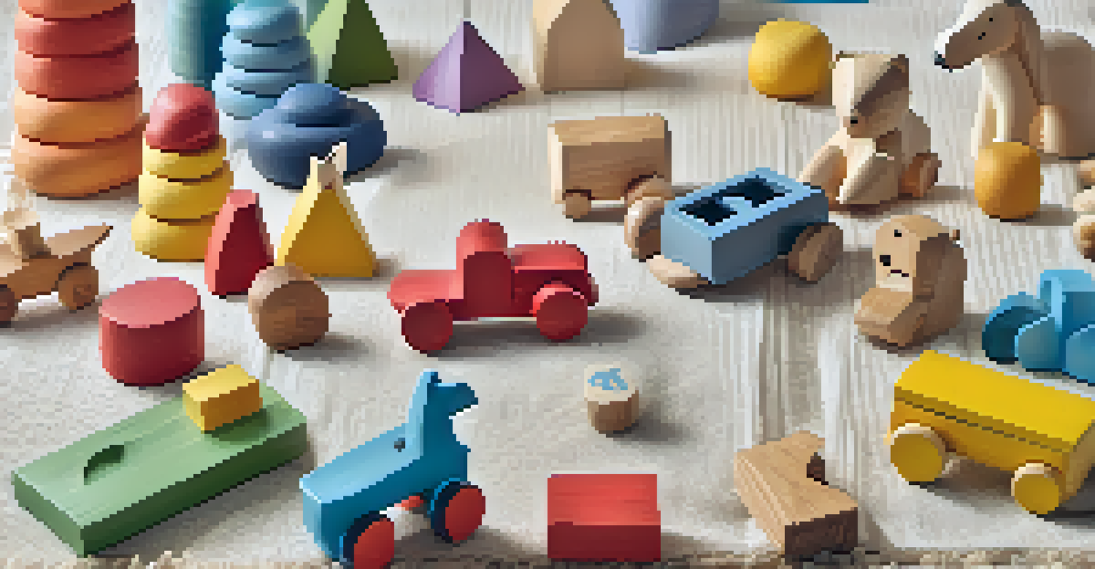 An artistic display of handcrafted wooden toys, showcasing their vibrant colors and unique textures on a natural fabric background.